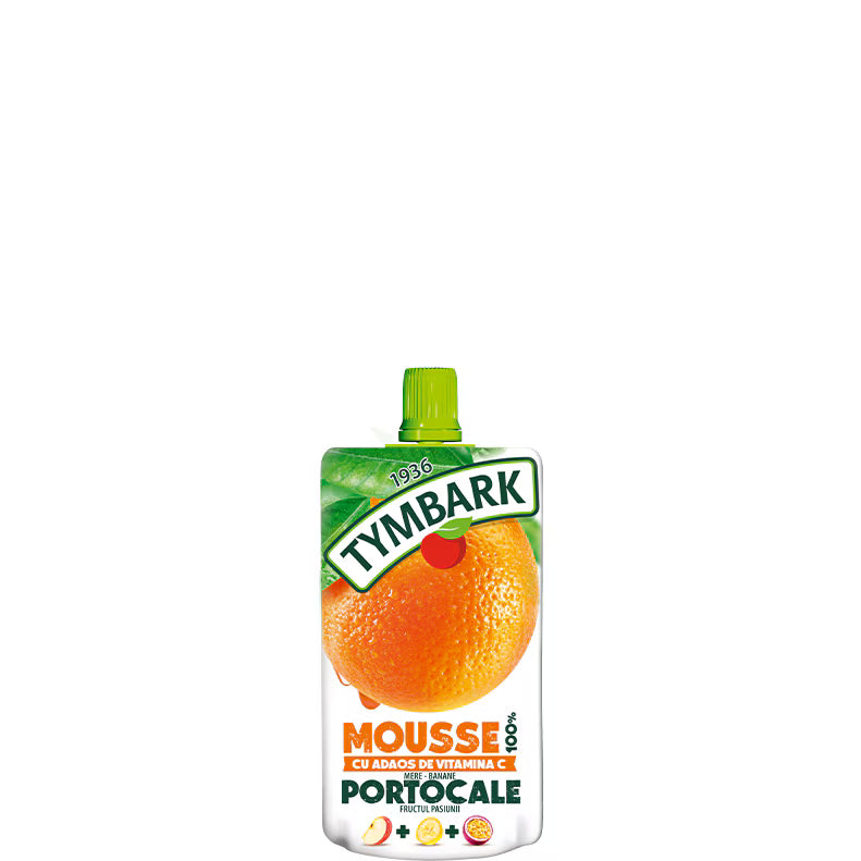 Tymbark Mousse 100% fructe, Mar, Banana, Portocale si Fructul Pasiunii